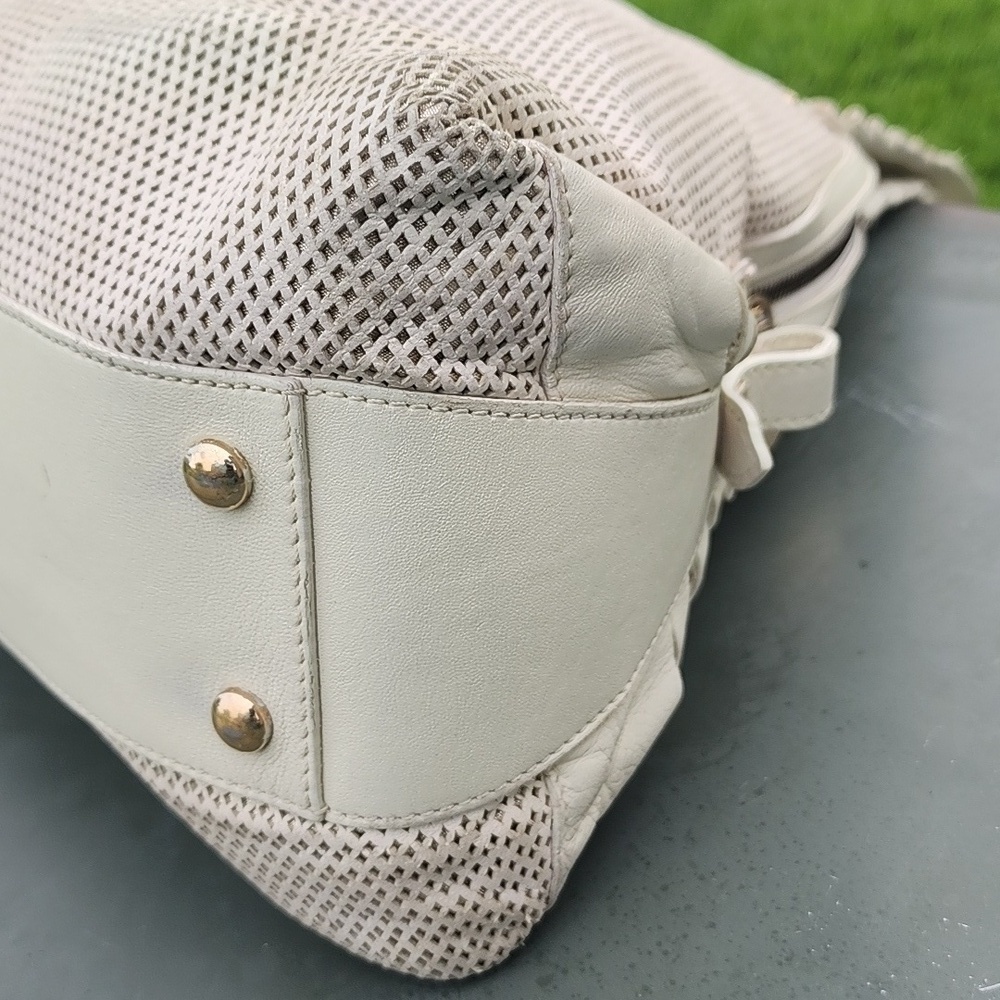 Versace Perforated Beige and Gold Leather Dome Shaped Satchel - Picture 8 of 14